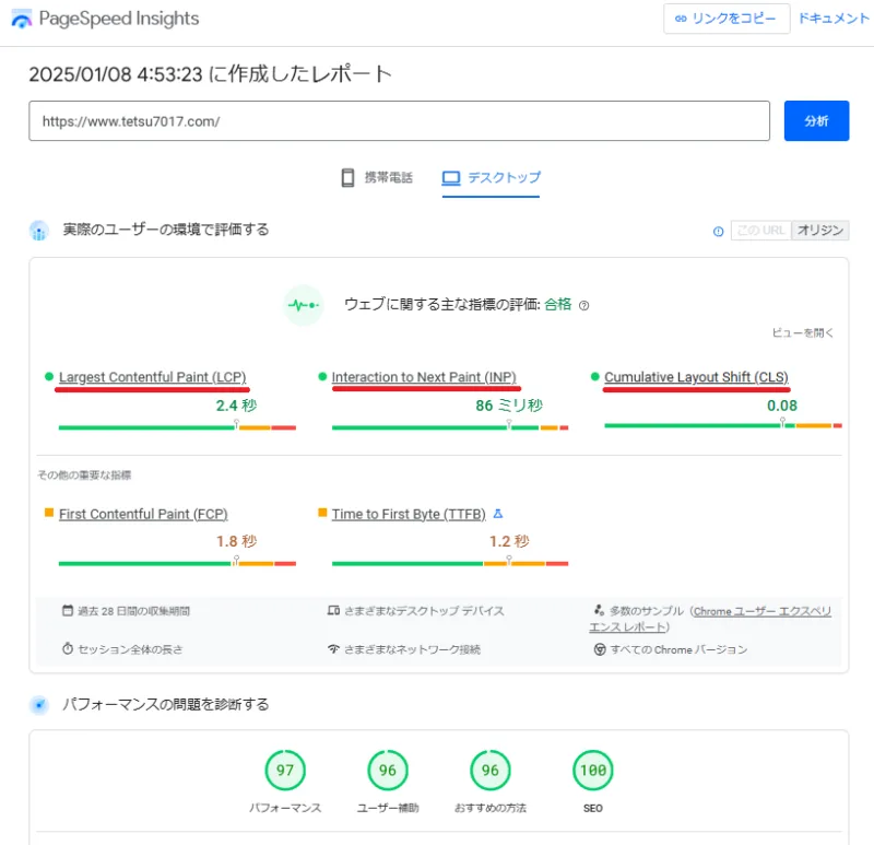 Page Speed Insightsの結果