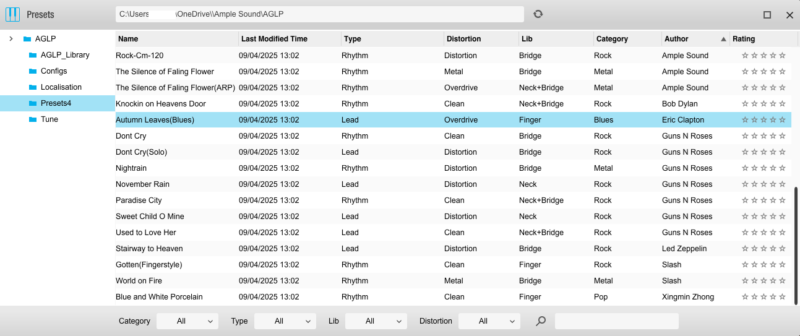 プリセットの一覧
