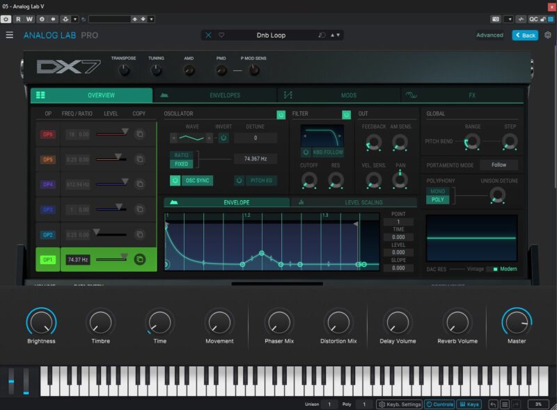 Arturia DX7 V FMシンセサイザー Analog Lab Pro画面