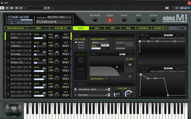 KORG M1 プラグイン版 COMBI MODE画面 — 8パートマルチティンバー再現