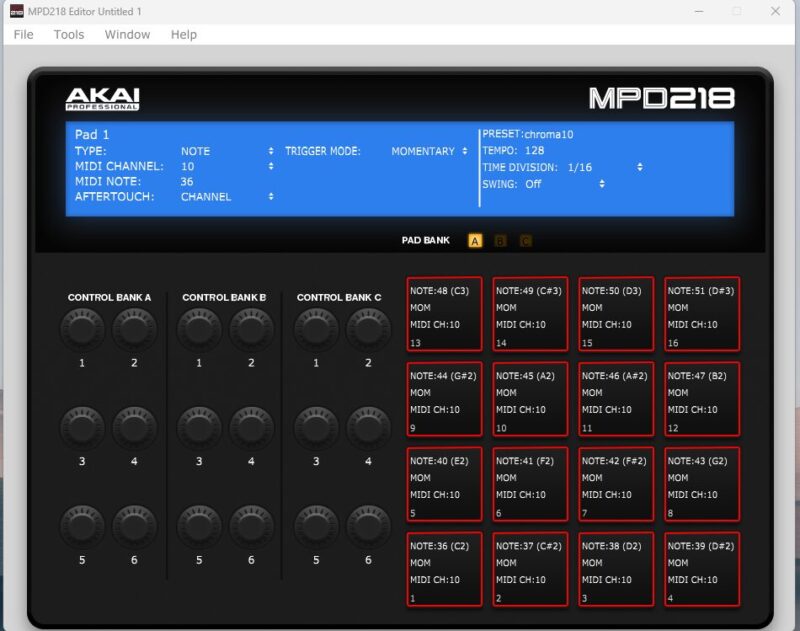 MPD218 Editor 起動画面 chromaプリセット表示