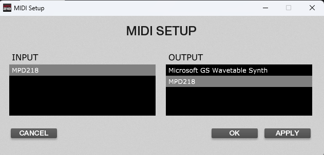 MPD218 Editor MIDI Setup ダイアログ