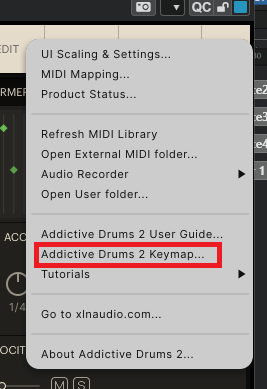 三本線アイコン → 「Addictive Drums 2 Keymap…」