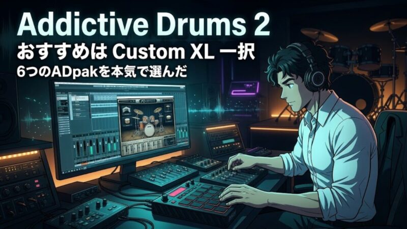 Addictive Drums 2 Custom XLのおすすめADpakを解説する記事のアイキャッチ