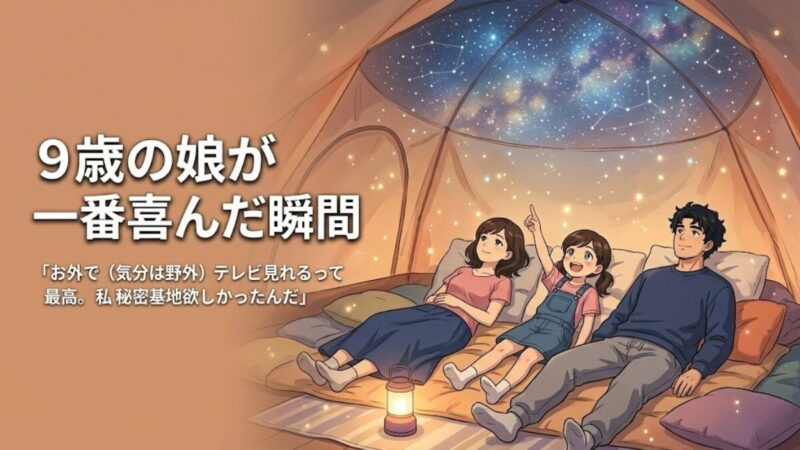 Aladdin Pocaを使った室内キャンプで、テント内の星空映像を見上げる家族3人のイラスト
