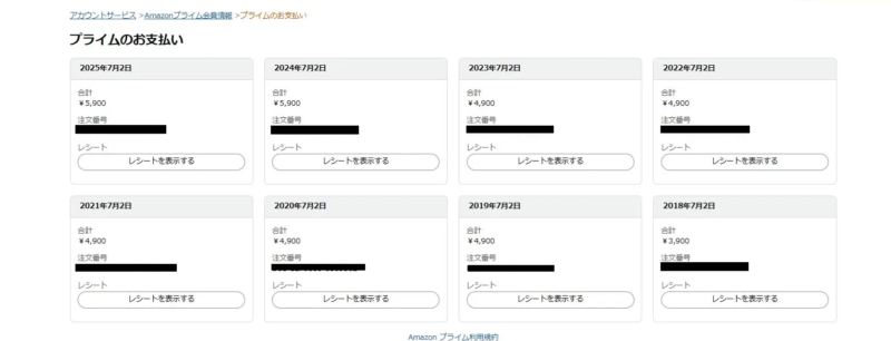 Amazonプライム会員 年会費お支払い履歴 2018年から2025年まで8年連続支払い 毎年7月2日更新