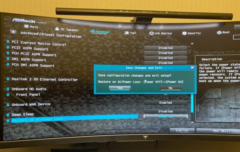 Restore on AC/Power LossをPower Onに変更して保存する確認画面