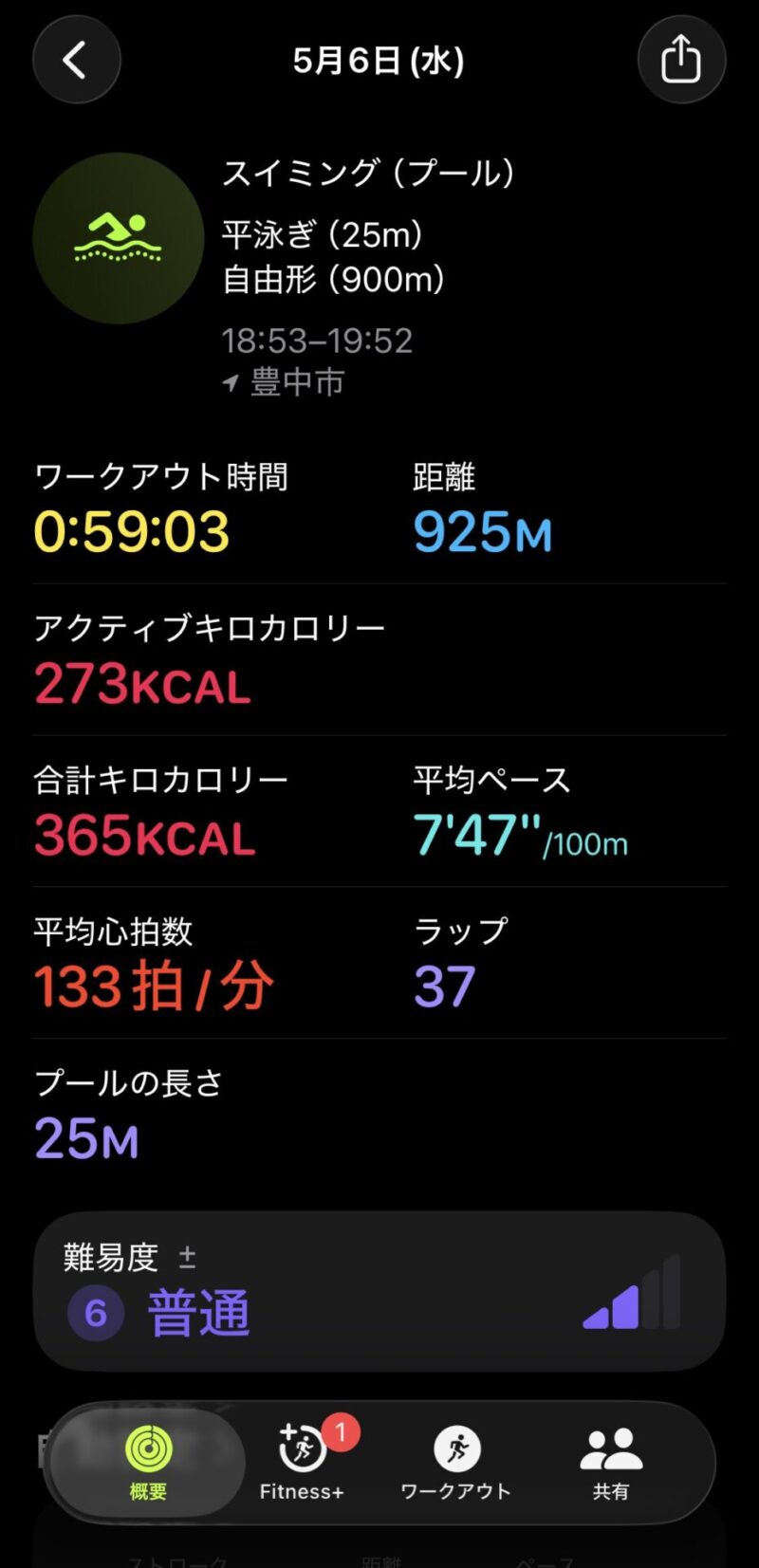 Apple Watchの水泳ワークアウト記録画面・距離925m・1時間・平均心拍数133bpmの詳細表示