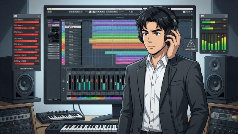 ヘッドホンをしてM5とM4を比較している