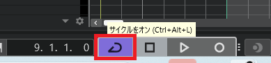 Cubase Pro 15のトランスポートパネルでサイクルボタンをONにした状態