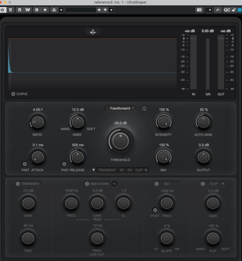 Cubase Pro 15で追加されたUltraShaperの基本UI・THRESHOLD・RATIO・INTENSITY等のパラメータが並ぶマスタリング用ダイナミックプロセッサー画面