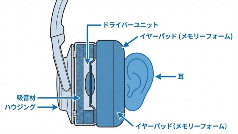 Boseヘッドホン イヤーカップ断面図 構造解説