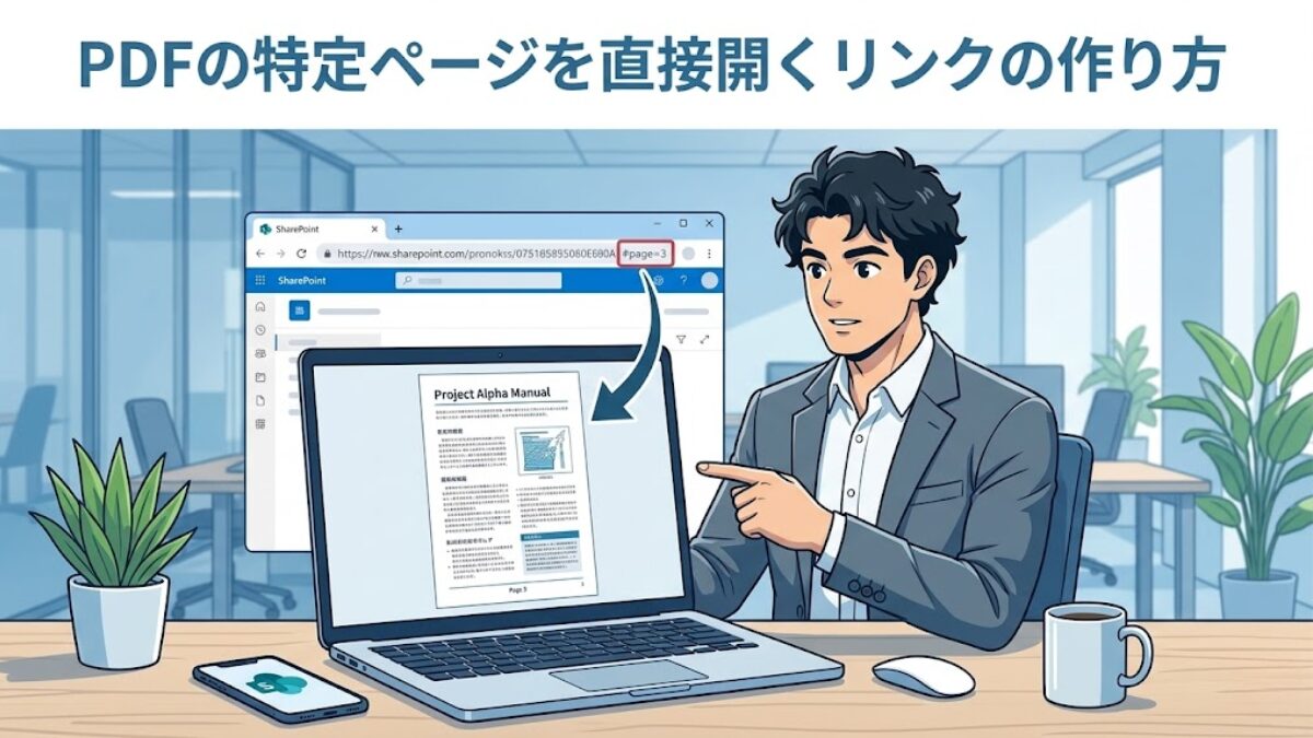 PDFの特定ページを直接開くリンク(#page=指定)の作り方を示すSharePoint画面