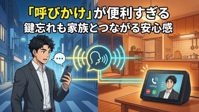 Echo Show 8の呼びかけ機能で鍵忘れも家族とつながるイメージ