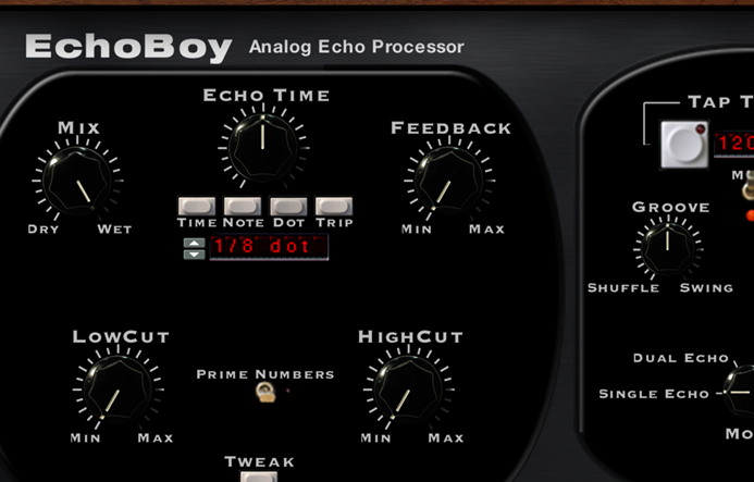 EchoBoyのNOTE表示。同じ設定が1/8 dotと音価で表示されている