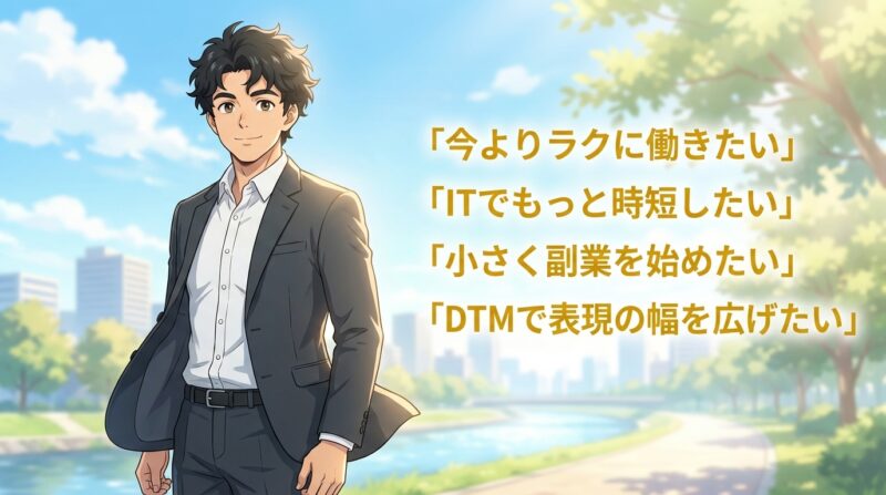 「今よりラクに働きたい」
「ITでもっと時短したい」
「小さく副業を始めたい」
「DTMで表現の幅を広げたい」
のアイキャッチ画像