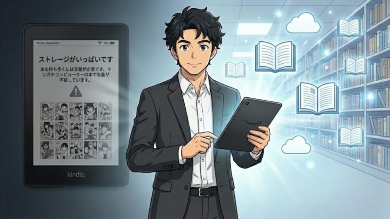 本棚を背景にタブレットを手に持っている