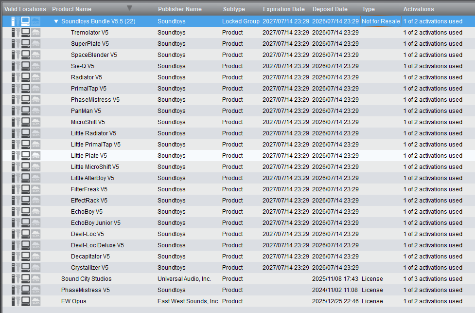 iLok License ManagerでSoundtoys Bundle V5.5を展開した画面。22本のライセンスが並び、Type欄はNot for Resale、Expiration Dateは2027年7月14日