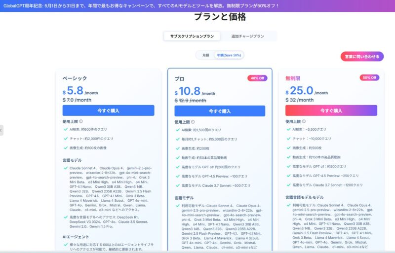 GrobalGPT利用料金サブスクリプション料金