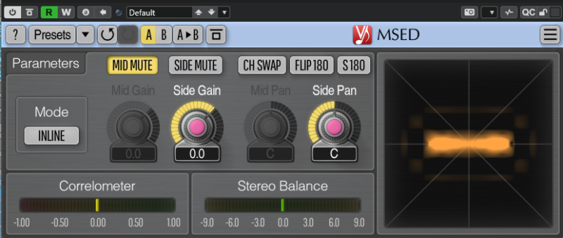 無料プラグインVoxengo MSEDでMid/Sideのゲインとソロ(MID MUTE/SIDE MUTE)を操作する画面
