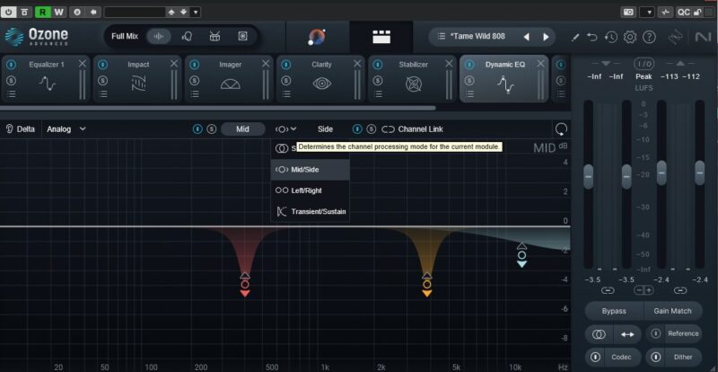 iZotope Ozone AdvancedのモジュールをMid/Sideモードに設定したマスタリング画面