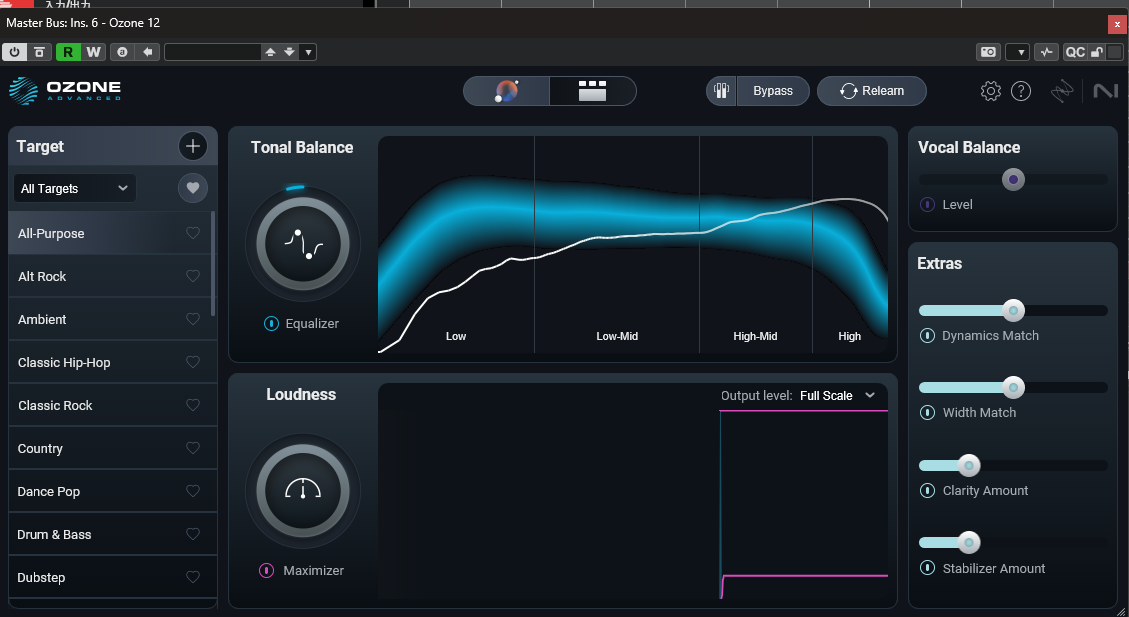 Ozone 12のMaster Assistant画面。ターゲットはAll-Purpose、Output levelはFull Scale