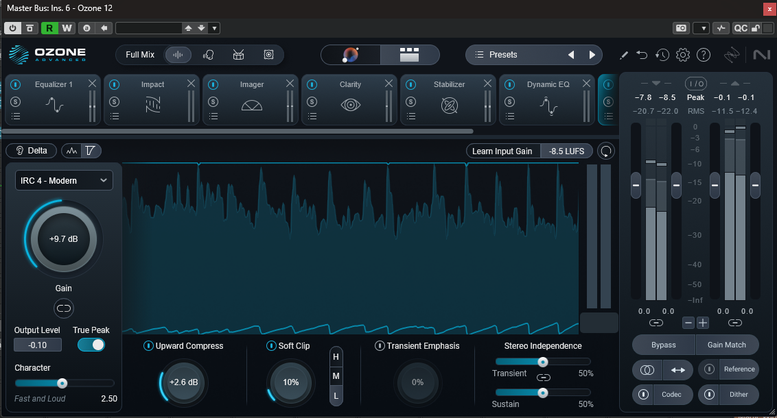 Ozone 12のMaximizer。Gain +9.7dB、True Peakオン、Stereo Independence 50%