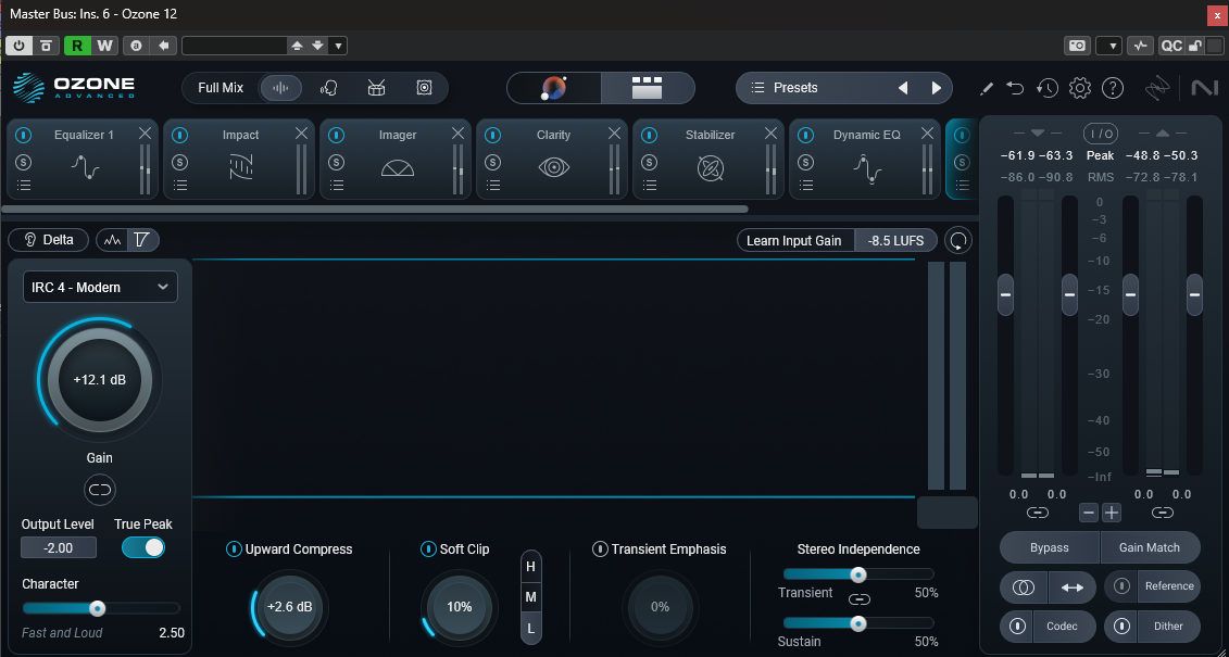 Ozone 12のMaximizer。Output Level −2.00、True Peakオン、Gain +12.1dB