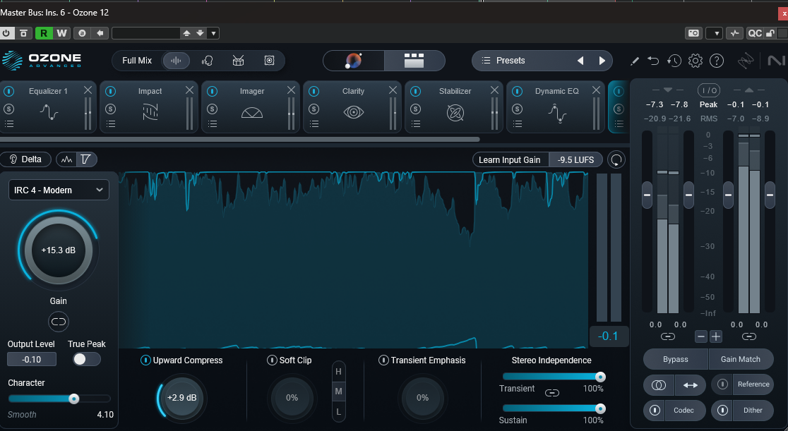 Ozone 12のMaximizer。Gain +15.3dB、Output Level −0.10、True Peakオフ