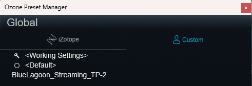 Ozone Preset ManagerのCustom欄にBlueLagoon_Streaming_TP-2が表示されている