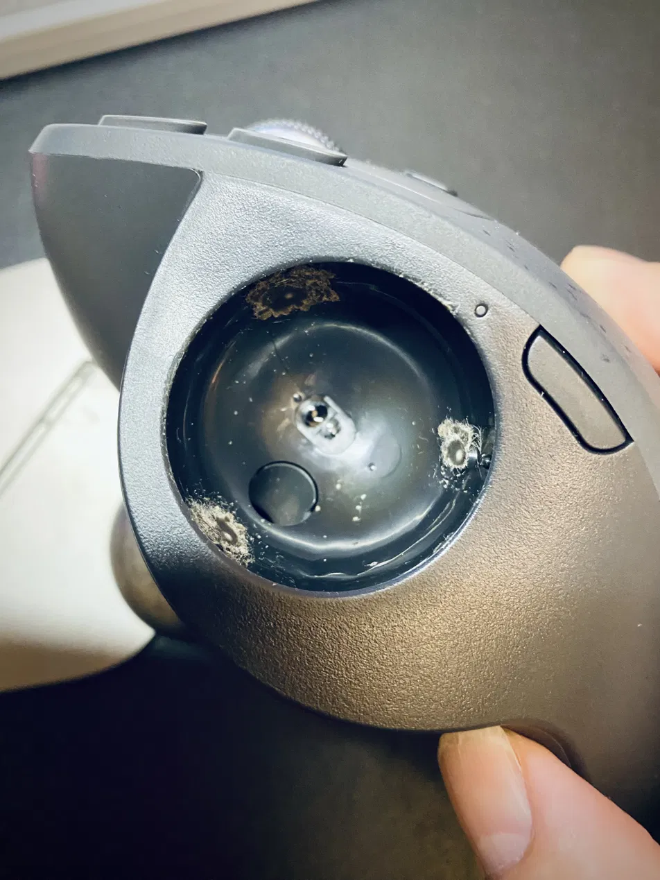 MX ERGO Sのソケット内部、1回目清掃前。支持球とセンサー周辺に約3ヶ月分の灰色のホコリが層状に堆積している