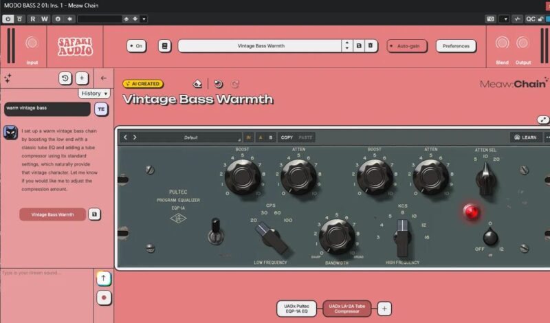 Meaw:Chainが「warm vintage bass」から生成したチェーン。UADx Pultec EQP-1A EQとUADx LA-2A Tube Compressorが並んでいる