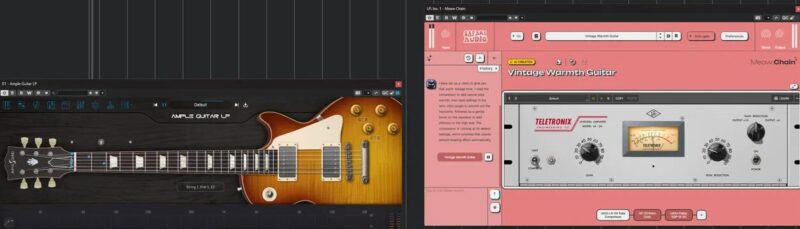 Meaw:Chainが生成したVintage Warmth Guitarチェーン。LA-2A、RC-20 Retro Color、Pultec EQP-1Aの3段構成で各プラグインに設定値が入っている