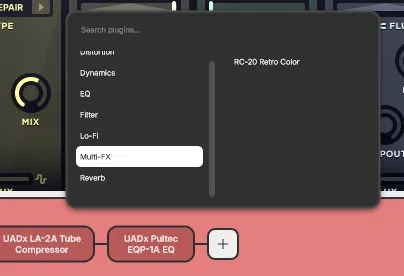 Meaw:Chainの追加プラグイン一覧。カテゴリが7つのみ表示され、Multi-FXにRC-20 Retro Colorが1つだけ登録されている画面