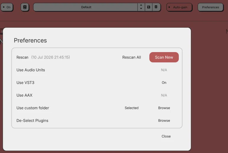 Meaw:ChainのPreferences画面。Rescan All、Scan New、Use custom folder、De-Select Pluginsの各設定項目