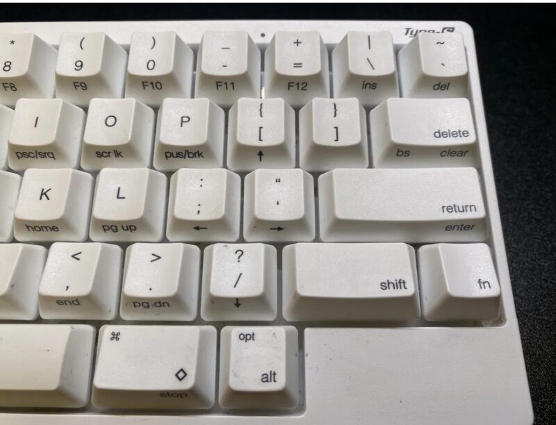 HHKB Professional HYBRID Type-Sの右手側キー配置。独立した矢印キーがなく、fnキーとの同時押しで操作する