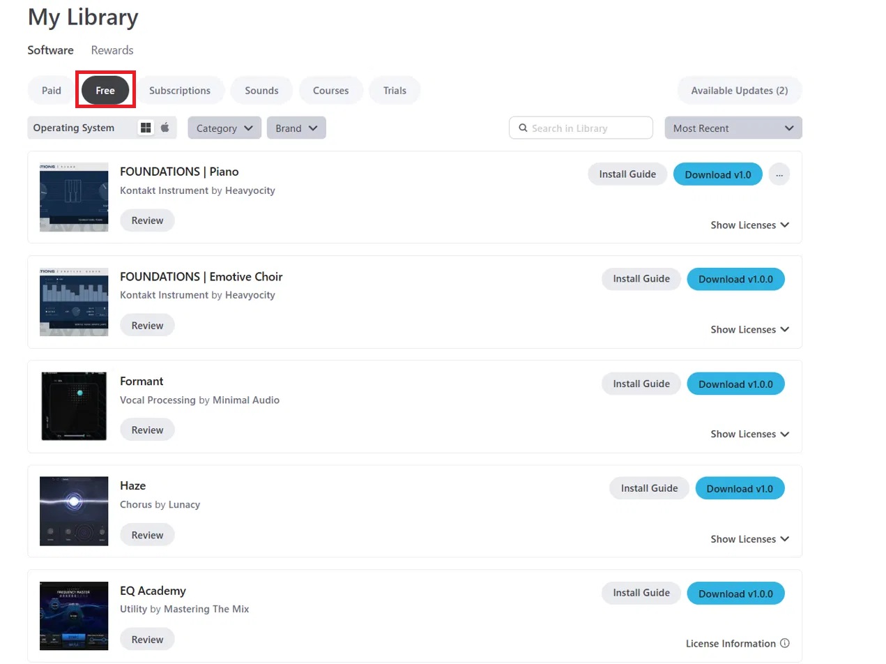 Plugin BoutiqueのMy LibraryでFreeタブを選択し無料プラグインが表示された画面