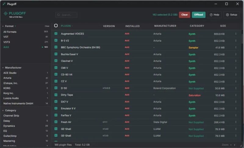 `PlugoffでAAX形式182プラグイン186ファイル(5.2GB)を一括退避する確認ダイアログ・Pro Tools専用形式のためCubaseユーザーは全選択退避が可能
