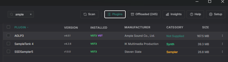 Plugoff Pluginsタブで AGLP3 が VST と VST3 両形式で復元された状態・上部Offloadedカウントが246から245に減少