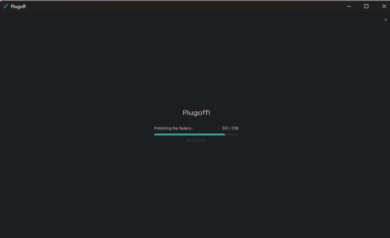 Plugoffがプラグインをスキャンしている画面(518ファイル中501ファイルをスキャン中)