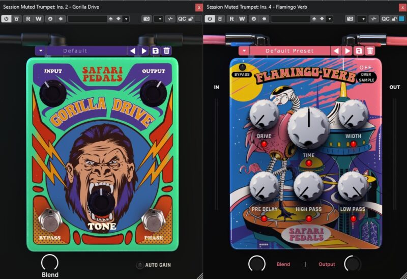 Safari Pedals の Gorilla Drive と Flamingo Verb のプラグイン画面