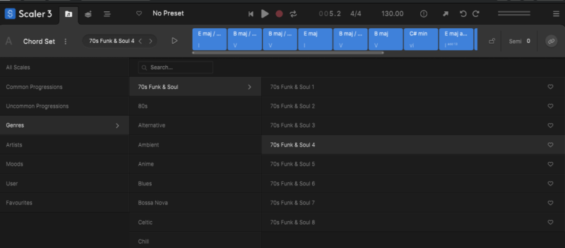 Scaler 3のメイン画面でコード進行を選択している様子