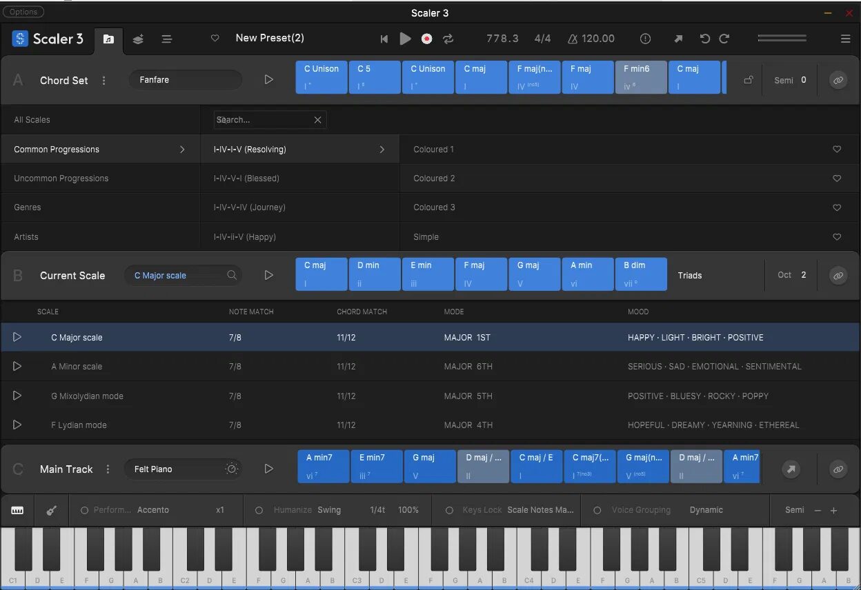 Scaler 3の画面構造 A/B/C 3エリア(Chord Set・Current Scale・Main Track)の全体マップ