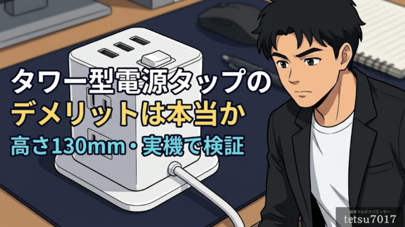 タワー型電源タップのデメリットを実機で検証。高さ130mmのTESSAN製タワー型電源タップとデスク環境