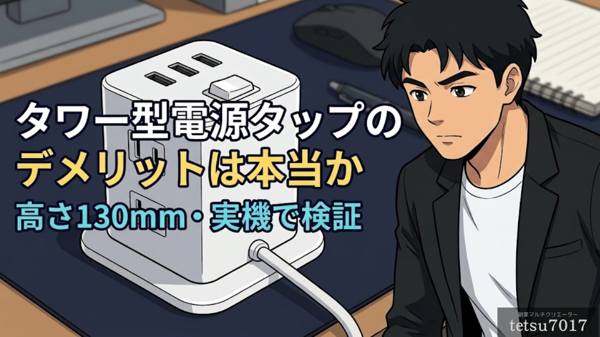 タワー型電源タップのデメリットを実機で検証。高さ130mmのTESSAN製タワー型電源タップとデスク環境