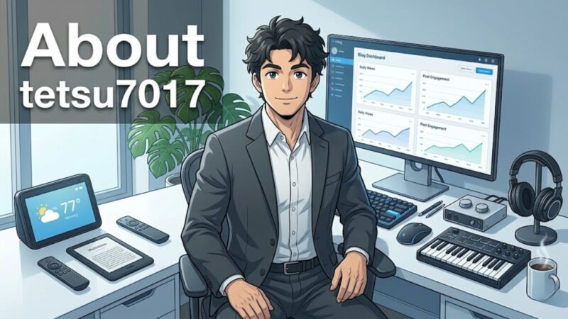 副業マルチクリエーターtetsu7017のホームオフィス Amazonデバイス3台 PC ブログダッシュボード MIDIキーボード オーディオインターフェース が並ぶデスク