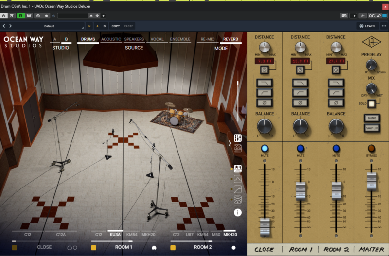 UAD Ocean Way Studios Deluxe の Studio B・DRUMS・REVERB 設定画面|Blue Lagoon のドラム用エフェクトチャンネル